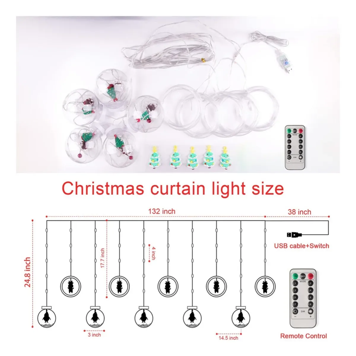Cortina de luces navideña para ventana con aros y esferas