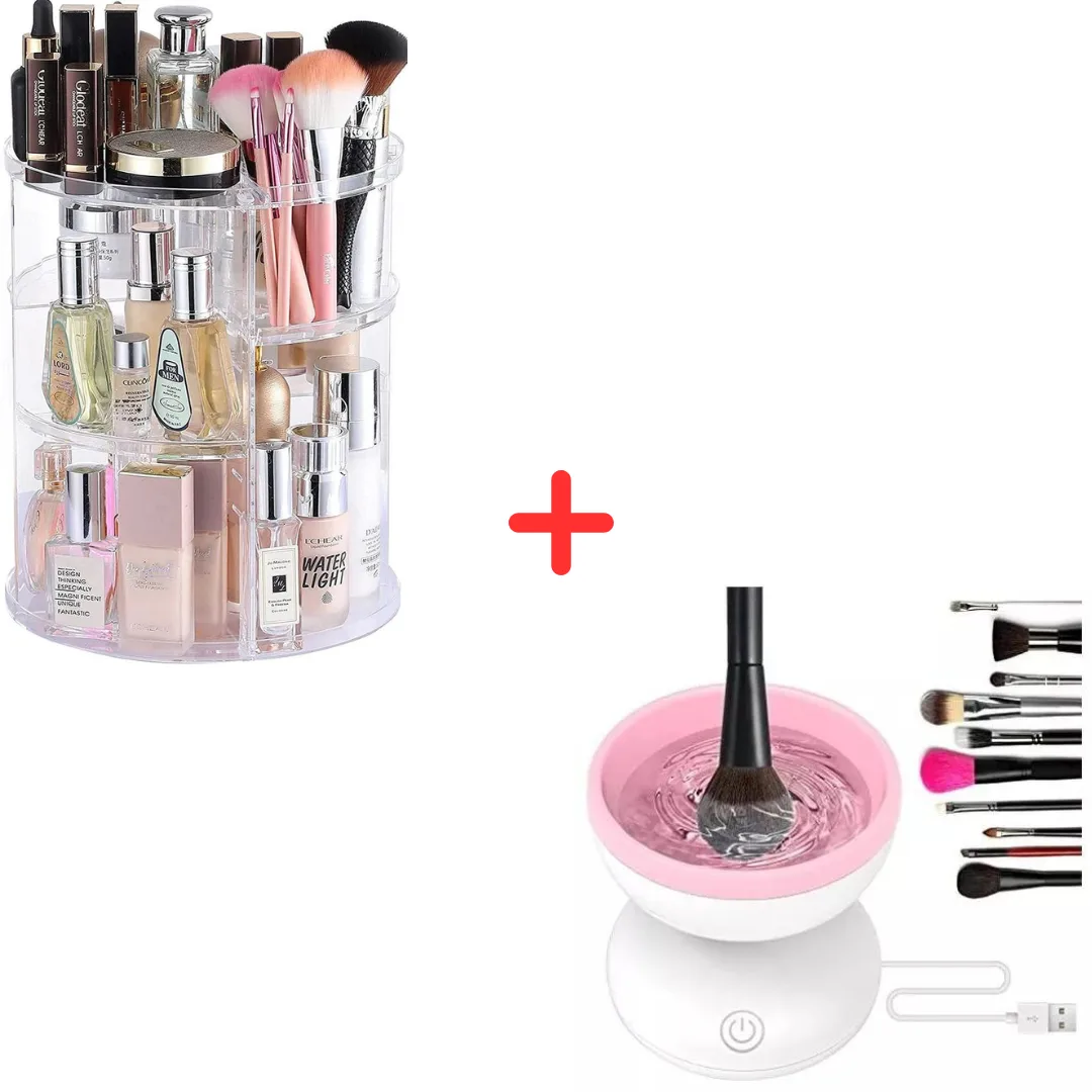 Organizador de maquillaje giratorio 360° + lavador eléctrico de brochas