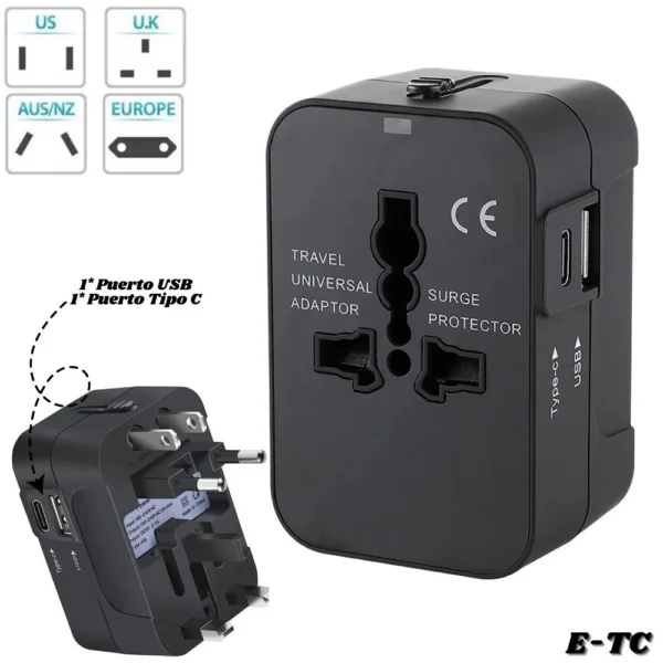 Adaptador de viaje universal con USB y tipo C
