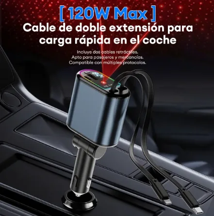 Cargador de carro con cables retráctiles y luz LED