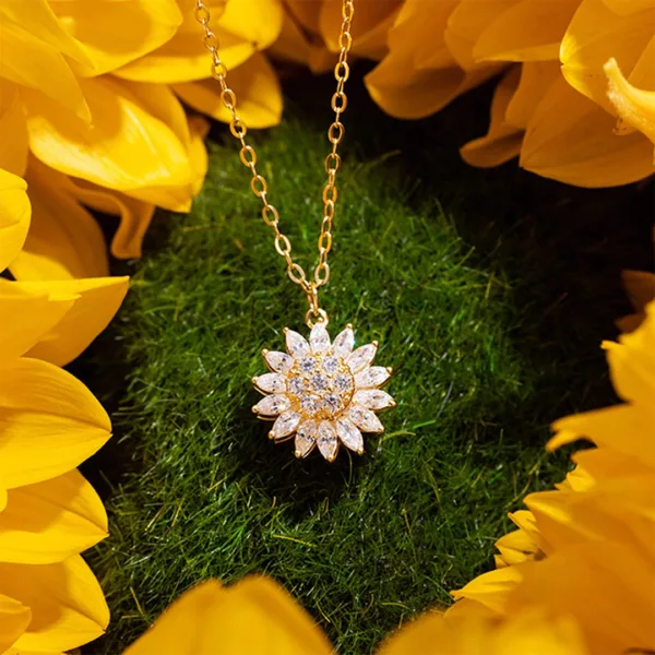 Collar de girasol giratorio con brillantes y caja de regalo