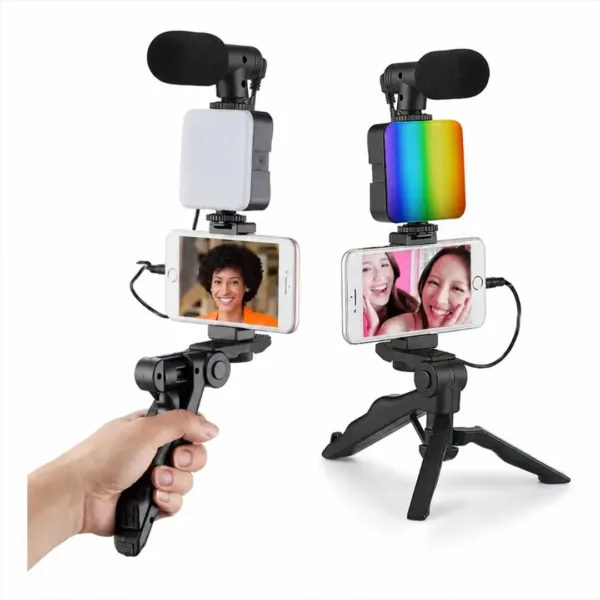 Kit para grabar con celular: micrófono, luz LED y trípode