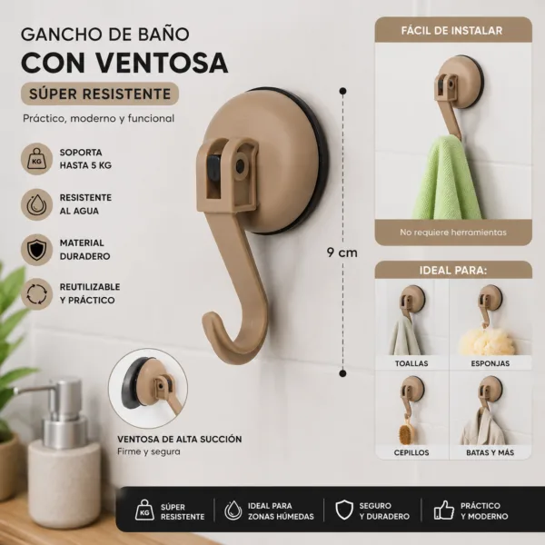 Gancho con ventosa para baño sin perforar