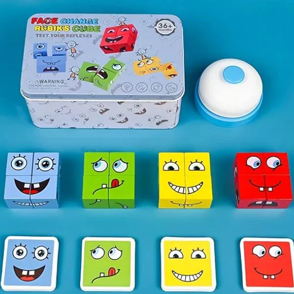 Juego de caras con cubos de madera y campana