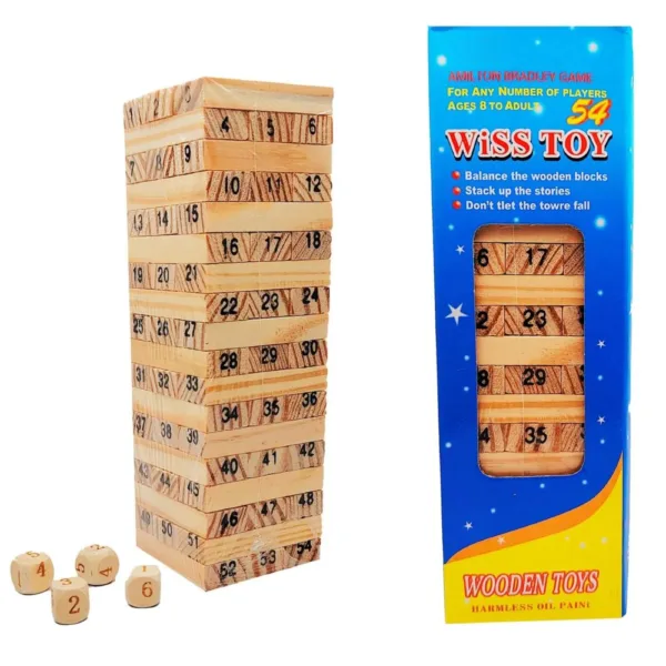 Torre de bloques de madera 54 piezas con dados