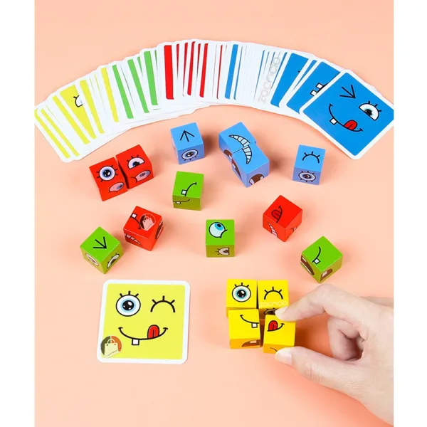 Juego de bloques de madera con caras y expresiones