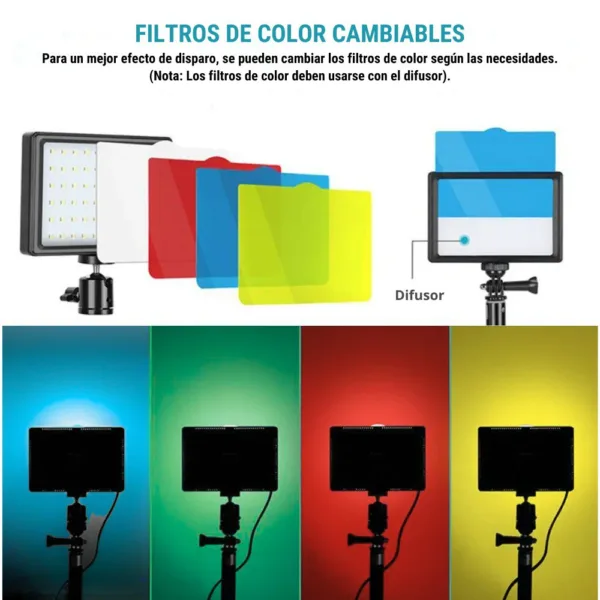 Panel de luz LED con filtros de colores para fotos y videos