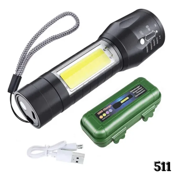 Linterna LED recargable con zoom y luz lateral