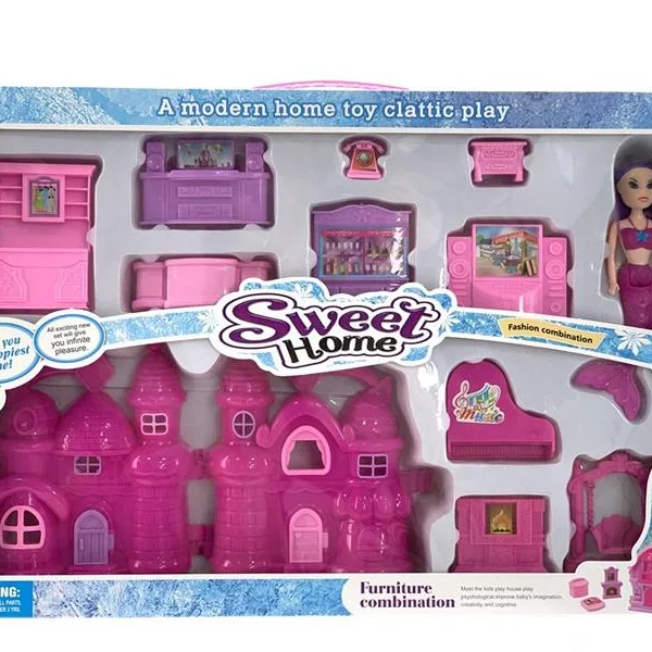Casa de muñecas con muebles y 2 muñecas