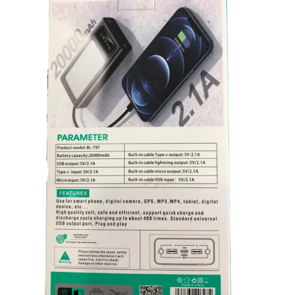 Power bank de 20.000 mAh con pantalla y linterna