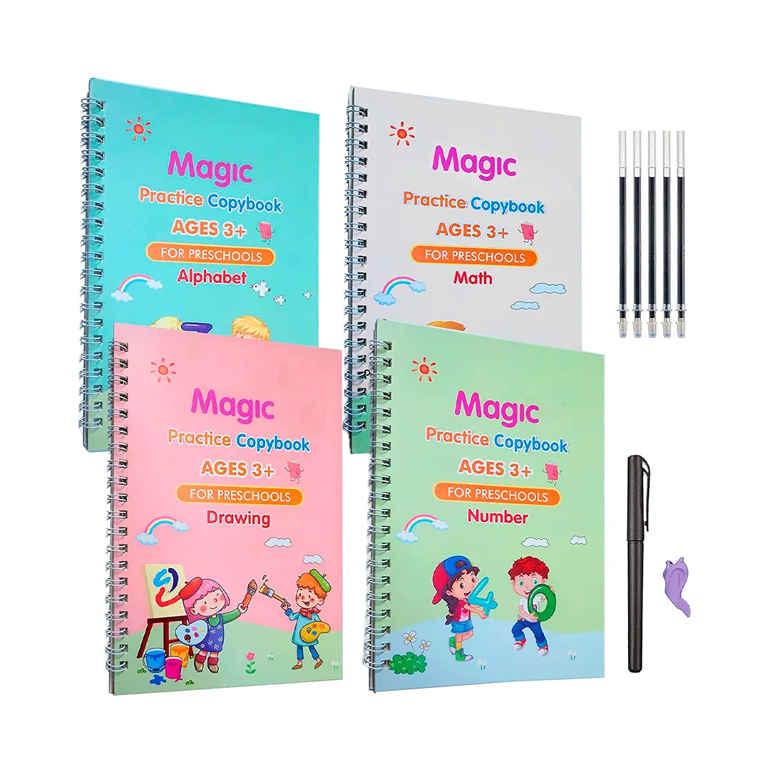 Cuadernos mágicos de caligrafía x4 con lapicero