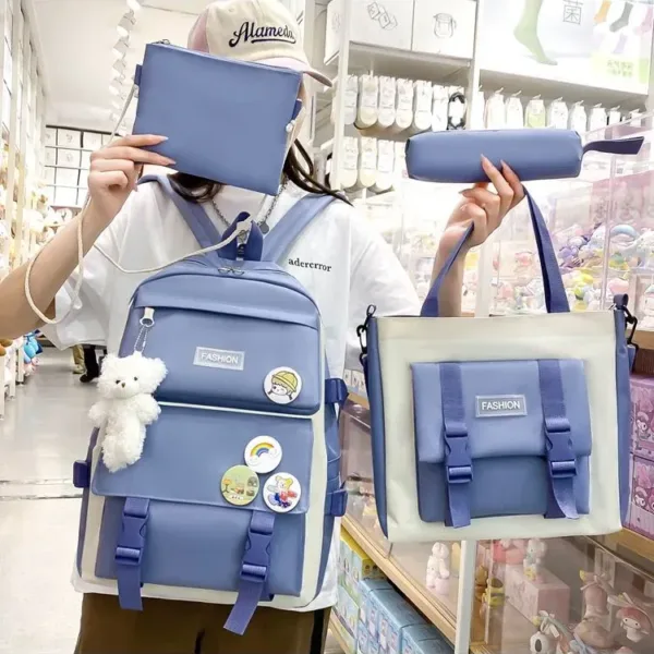 Set de morral y bolsos de 5 piezas con peluche