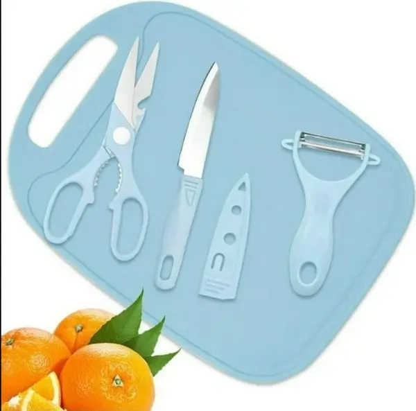 Set de cocina 4 en 1: tabla, cuchillo, pelador y tijera