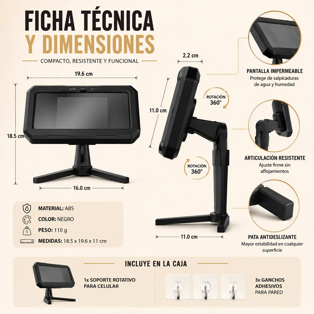 Soporte de celular giratorio resistente a salpicaduras